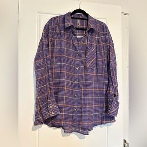 Free people, purple plaid floaty blouse with gold metal metallic throughout